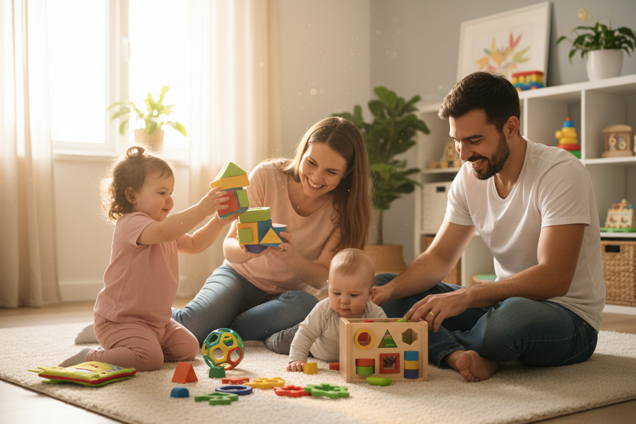 des parents et leur enfants  jouant avec un jeu d'éveil